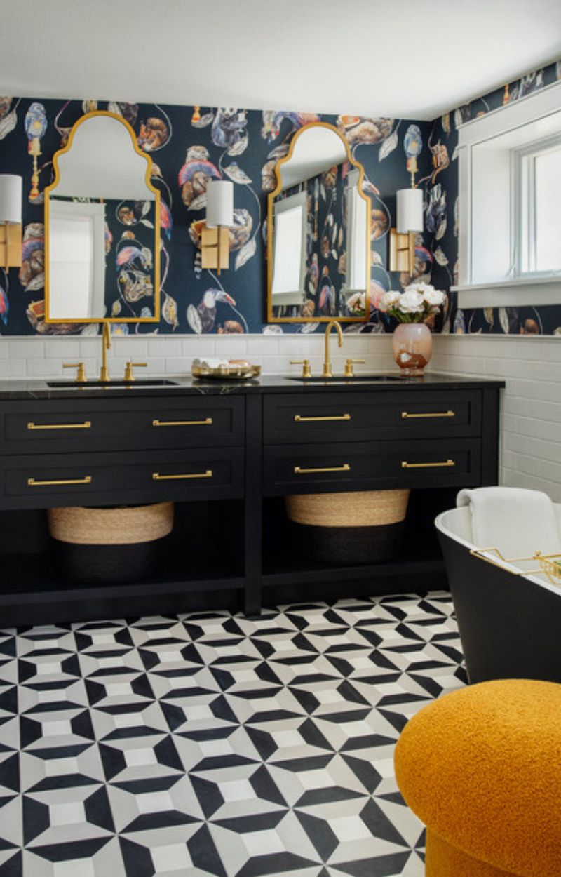 Primary Bath Renovation with lots of patterned tile and wallpaper.